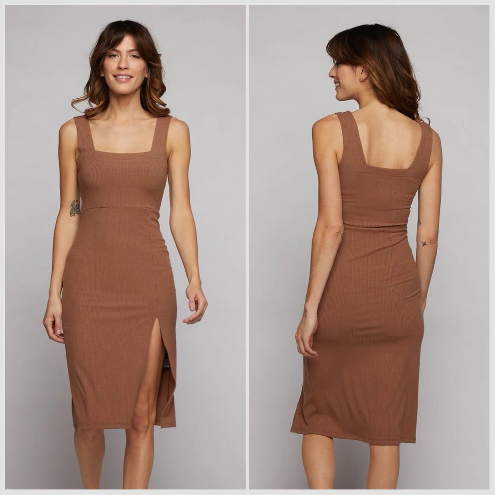 New Sunday Ritual Square-Neck Ribbed Midi “Emilia” Dress in Mocha